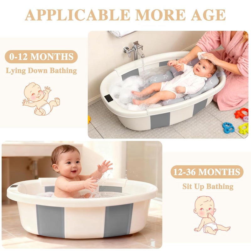 EverKiddo Baby Bathtub, Baby Bath Tub with Thermometer & Soft Cushion, Collapsible Infant Bathtub for Newborn to Toddler 0-36 Months, Quick Use & Portable for Travel(Grey) - Image 4